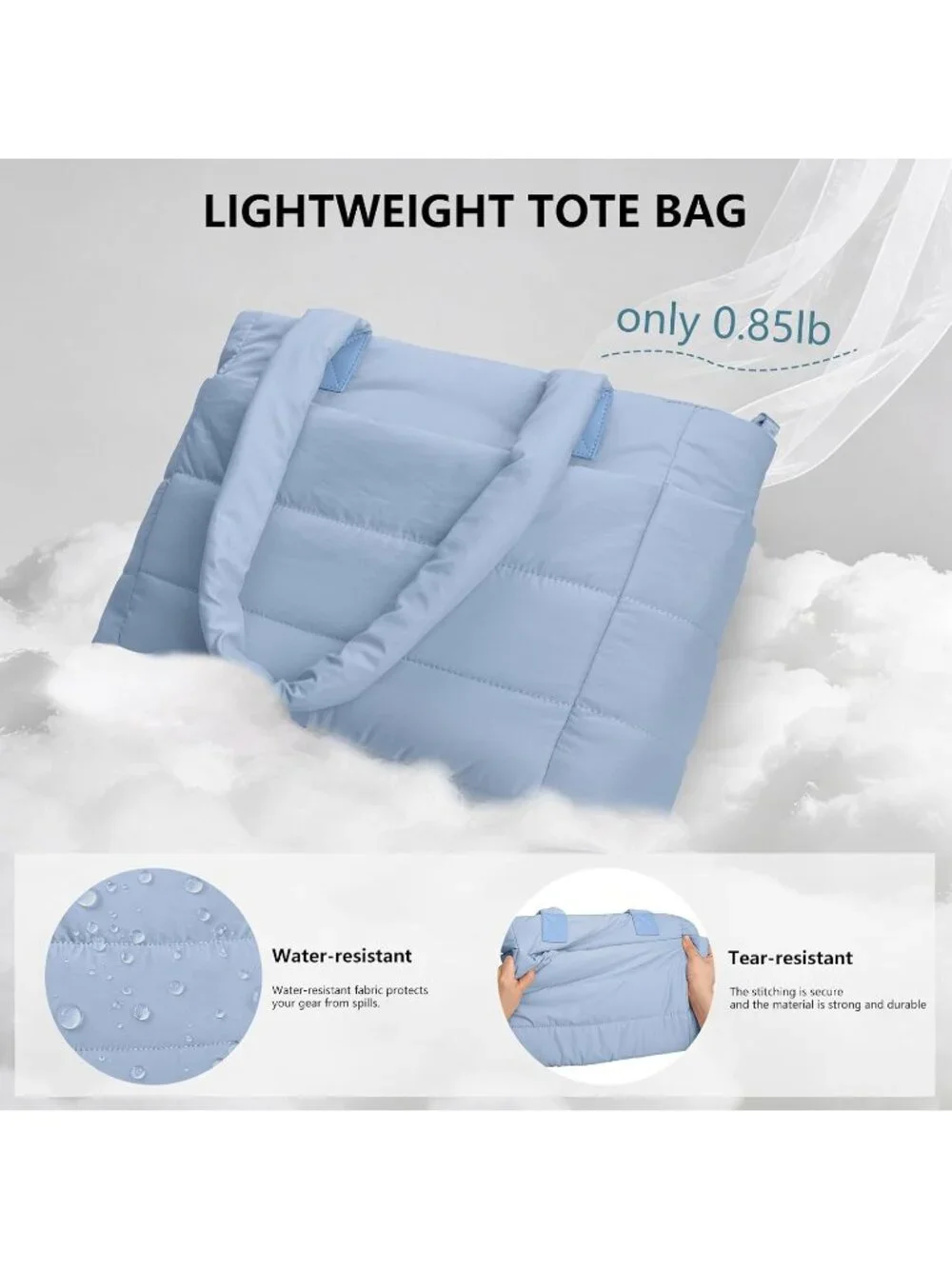 👜Women's Ice Blue Quilted Puffer Tote Bag Lightweight Work For Travel Handbags